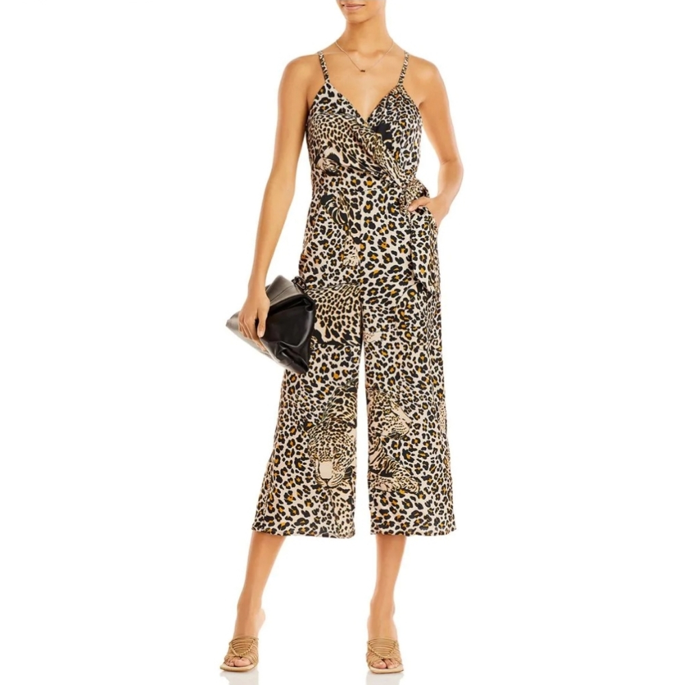 Aqua beige leopard print cropped wide leg jumpsuit